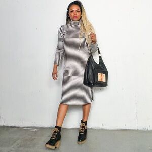 Joe Fresh Black and White Striped Long Sleeve Dress, L